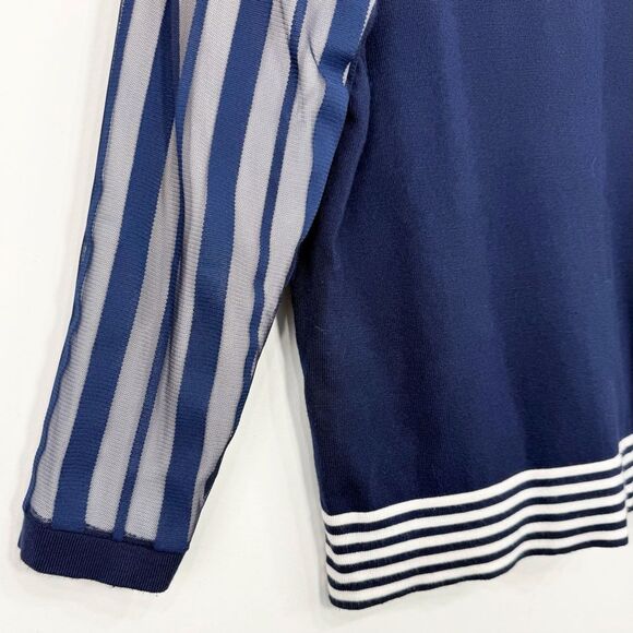 YAL NY Navy Blue White Mesh Overlay Striped Knit Nautical Pullover Top - Picture 11 of 16